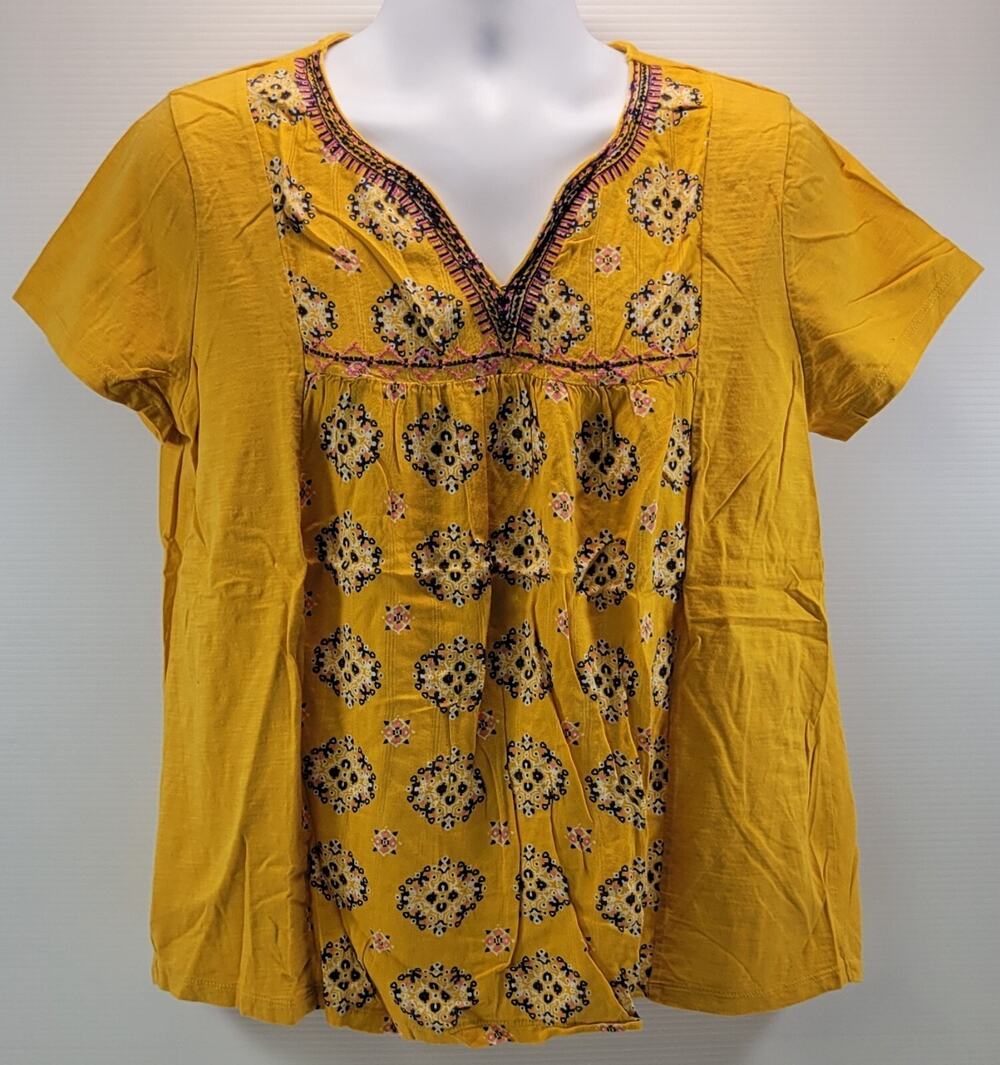 L2) St John's Bay Women Mustard Split V-Neck Floral Blouse Shirt XXL